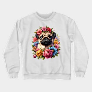 A pug decorated with beautiful colorful flowers. Crewneck Sweatshirt